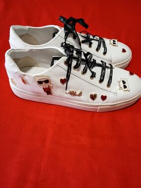 Karl Lagerfeld White Sneakers with Gold Accents and Red Heart Details